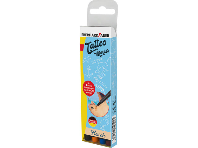 Tattoostift Eberhard Faber Beach 4st. en 4in1-sjablonen. (zwart,oranje, blauw en bruin)