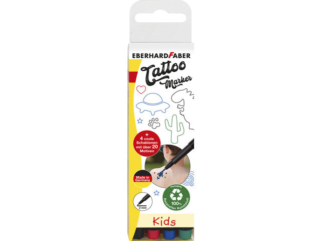 Tattoostift Eberhard Faber Kids 4st. en 4in1-sjablonen. (zwart, blauw, groen en rood)