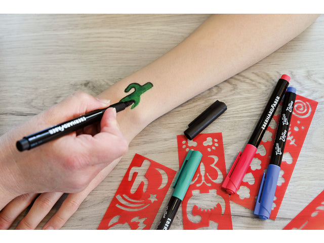 Tattoostift Eberhard Faber Kids 4st. en 4in1-sjablonen. (zwart, blauw, groen en rood)