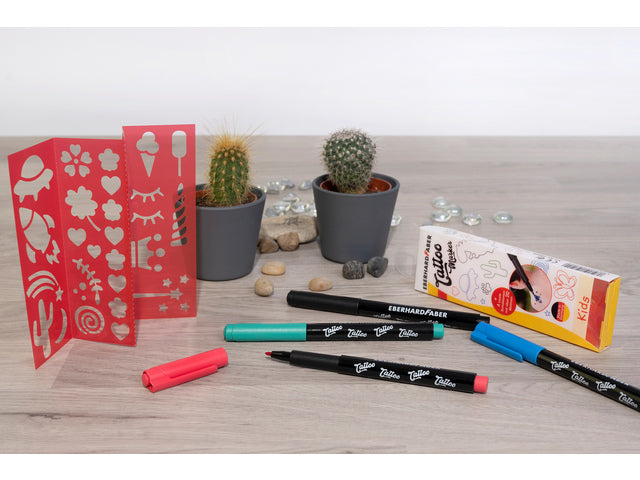 Tattoostift Eberhard Faber Kids 4st. en 4in1-sjablonen. (zwart, blauw, groen en rood)