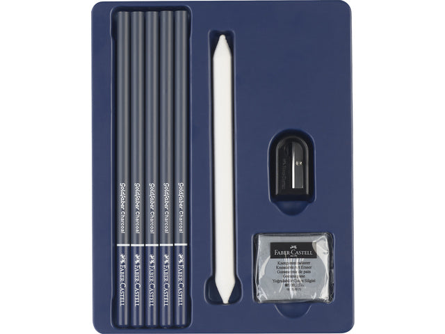 Houtskoolset Faber-Castell 8-delig: 5 houtskoolpotloden (extra super zacht, superzacht, zacht, medium en hard) 1 slijper, 1 kniedgum en 1 doezelaar