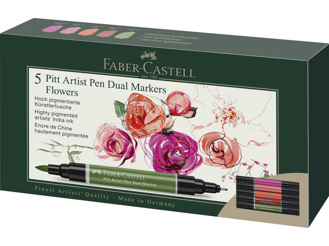 Tekenstift Faber-Castell Pitt Artist duo marker Flowers etui 5stuks kleur nrs: 118,125,131,174,192