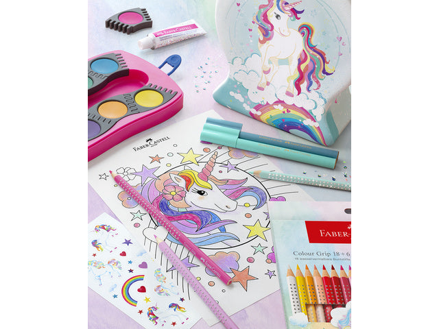 Kleurpotlood Faber-Castell Grip Unicorn 10-Farben-Griff + 3 glitzernde Pastellfarben inklusive Einhornaufkleber