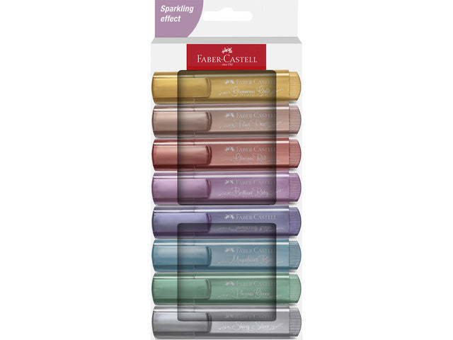 Tekstmarker Faber-Castell 46 metallic 8stuks goud, zilver, roze, robijn, blauw, groen, rood, paars in kartonnen etui