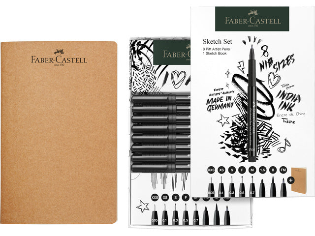 Tekenset Faber-Castell 8x Pitt Artist Pen schwarz inkl. Schetbuch 140gr. Witz (Größenangaben: XXS, XS, S, F, M, 1,5, B, FM)
