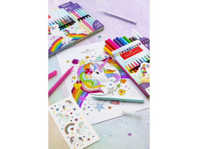 Viltstiften Faber-Castell Eenhoorn 10x standaard kleuren + 3x pastelkleuren incl. eenhoornstickers in kartonnen etui