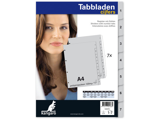 Tabblad Kangaro A4 cijfers PP 120 micron grijs 4-gaats 7-delig