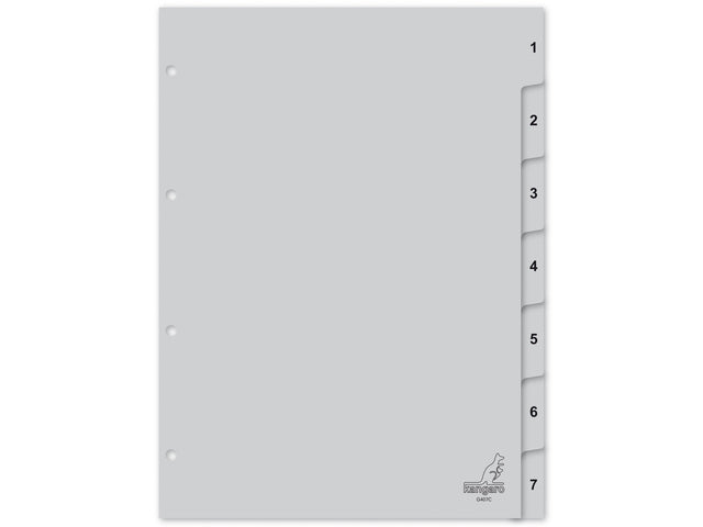 Tabblad Kangaro A4 cijfers PP 120 micron grijs 4-gaats 7-delig