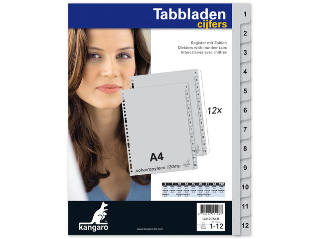 Tabblad Kangaro A4 cijfers PP 120 micron grijs 23-gaats 12-delig EB