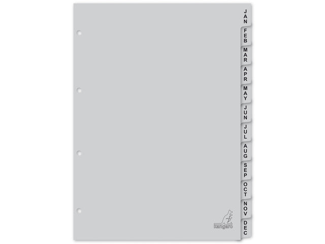 Tabblad Kangaro A4 letters PP 120 micron grijs 4-gaats 12-delig maand
