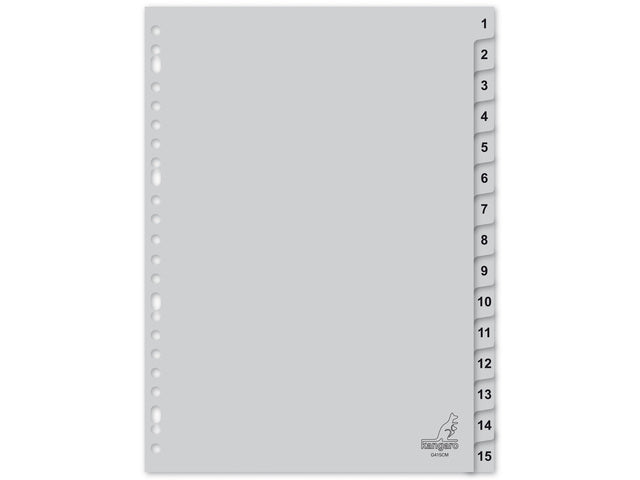 Tabblad Kangaro A4 cijfers PP 120 micron grijs 23-gaats 15-delig