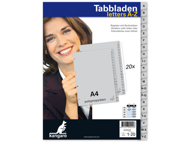 Tabblad Kangaro A4 letters PP 120 micron grijs 4-gaats 20-delig AZ