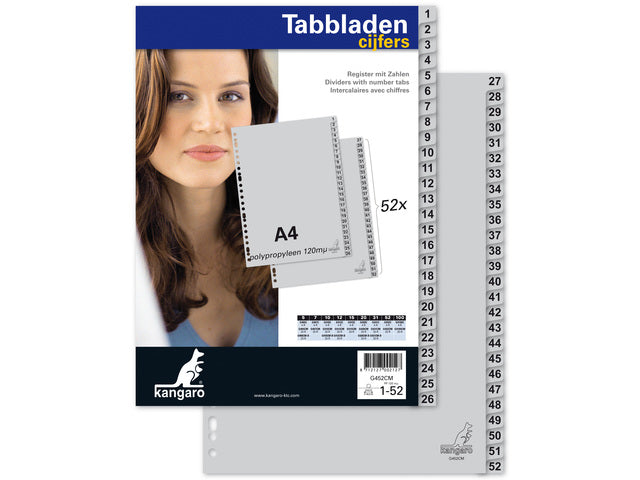 Tabblad Kangaro A4 cijfers PP 120 micron grijs 23-gaats 52-delig