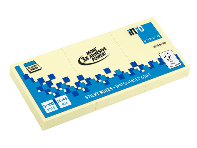 Powernotes info notes 50x40mm geel 3 blokken a 100 vel.