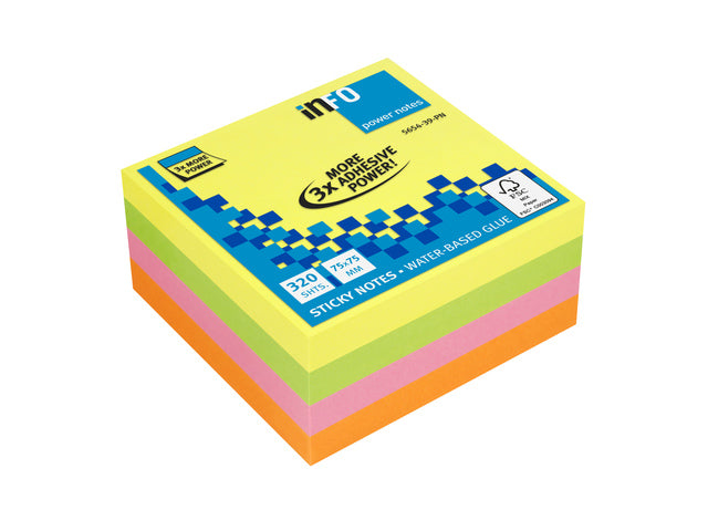 Powernotes info notes 75x75mm ass. felle kleuren blok a 320 vel.