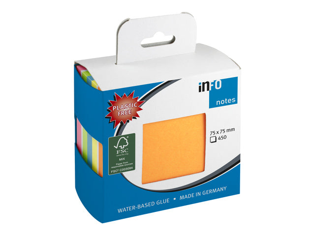 Info notes 75x75mm kubus 450 blaadjes, mix 6 kleuren, FSC, hanging hole.