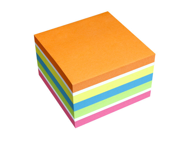 Info notes 75x75mm kubus 450 blaadjes, mix 6 kleuren, FSC, hanging hole.