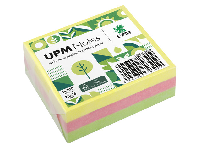 UPM Notes 75x75, sortiert, 3x 100 Blatt, Gelb, Rosa, Grün