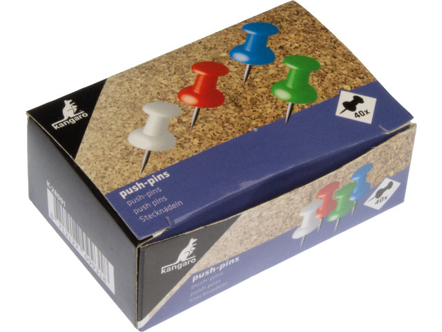 Stecknadel-Känguru. Doosje traf 40 Stück in 4 Farben: Rot, Grün, Blau und Weiß.