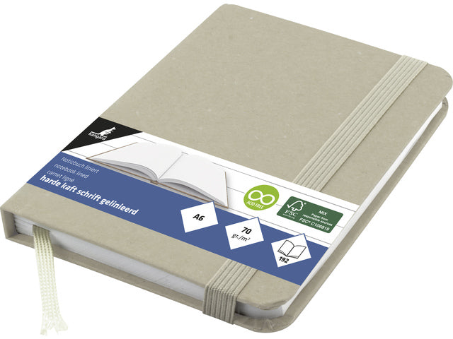 Notitieboek Kangaro met harde kraftkaft. A6 96 vel 70 grams papier, gelinieerd en met elastieksluiting