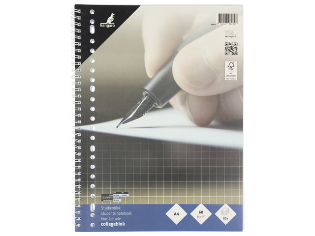 Collegeblok Kangaro A4 60 gram 23 ringen 80 blad ruit 10mm, 5 stuks