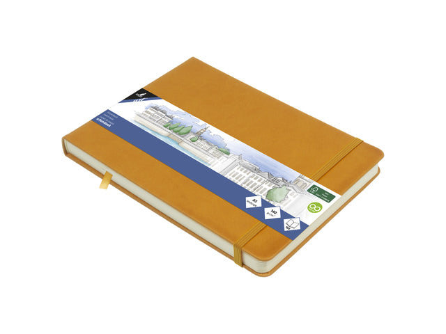 Schetsboek Kangaro A5 liggend okergeel PU HC 80 blad 140gr roomwit met elastiek en lint