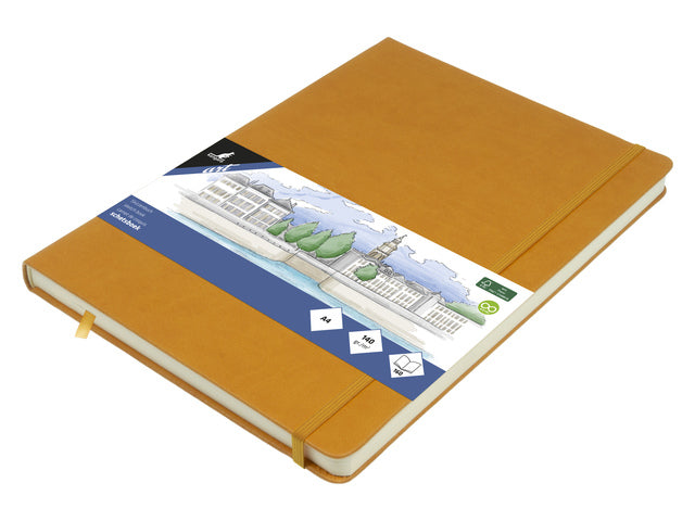 Schetsboek Kangaro A4 okergeel PU HC 80 blad 140gr roomwit met elastiek en lint