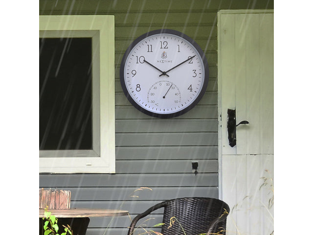 Buitenklok Nextime dia 30,5cm Goudsbloem met temperatuurcijfers, zwarte rand witte wijzerplaat kunststof