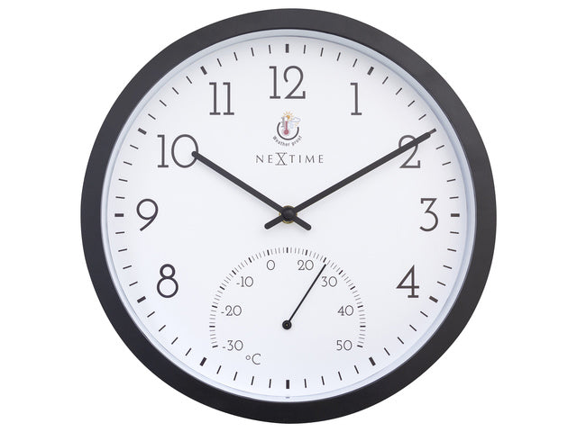 Buitenklok Nextime dia 30.5cm Marigold met temperatuur cijfers, zwarte rand witte wijzerplaat plastic