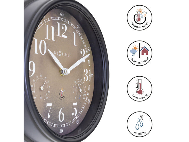 Buitenklok Nextime dia 23,5 cm Jasmine met thermo- en hydrometer cijfers, zwarte rand kopere wijzerplaat kunststof
