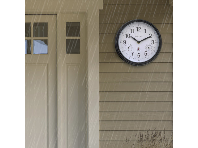 Buitenklok Nextime dia 23,5cm Jasmine met thermo- en hydrometer cijfers, zwarte rand witte wijzerplaat kunststof