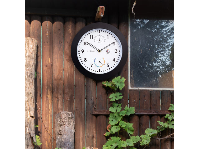 Nextime-Gehäuse mit Durchmesser 25,5 cm Daisy mit Thermo- und Hydrometer-Zylindern, schwarzer Rand und weißer Kunststoffplatte