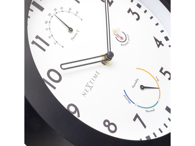 Nextime-Gehäuse mit Durchmesser 25,5 cm Daisy mit Thermo- und Hydrometer-Zylindern, schwarzer Rand und weißer Kunststoffplatte