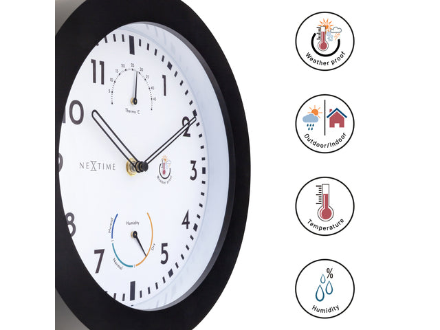 Nextime-Gehäuse mit Durchmesser 25,5 cm Daisy mit Thermo- und Hydrometer-Zylindern, schwarzer Rand und weißer Kunststoffplatte
