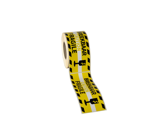 Gevaaretiket Raadhuis 46x125mm rol 250 stuks Breekbaarheid EN/NL geel
