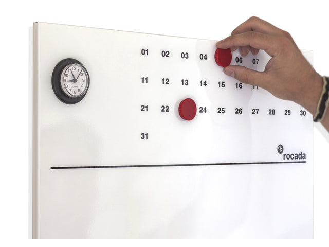 Whiteboard Rocada Skinclock 55x75cm wit gelakt met klok en kalender inclusief pennegoot