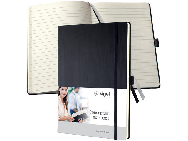 Notitieboek Conceptum Pure A4 zwart gelinieerd hardcover. Nummerde pagina's, inhoudsopgave, sluiting dmv elastiek, lus voor pen, 2 leeslintjes. 194 pagina's 80 grams chamoiskleurig papier. PEFC-gecertificeerd