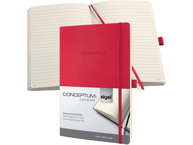 Benachrichtigungsbuch Conceptum Pure A4 rot gelinieter Softcover. Genummerte Seiten, Innenausstattung, elastisches DMV-Elastik, Lus für den Stift, 2 Leisten. 194 Seiten 80 Gramm chamoiskleriges Papier. PEFC-zertifiziert.