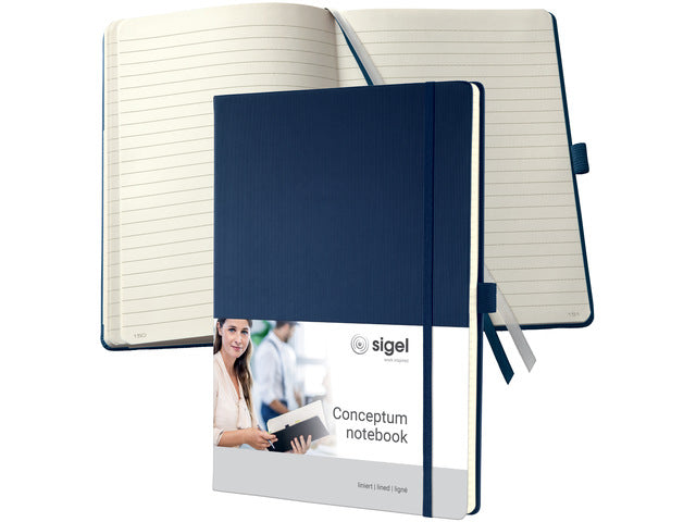 Notitieboek Conceptum Pure A4 midnight blue gelinieerd hardcover, genummerde pagina's, inhoudsopgave, sluiting d.m.v. elastiek, lus voor pen, 194 pagina's 80 grams chamoiskleurig papier. PEFC-gecertificeerd 213x295x20 mm