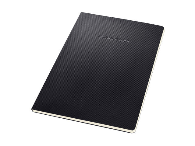 Schreibblock Conceptum, A4, schwarz-geliniet, Hardcover, 120 Seiten, 80 Gramm chamoiskleriges Papier. Mit Quickpocket. 4-Loch-Perforation, Datumsmarkierung. PEFC-zertifiziert