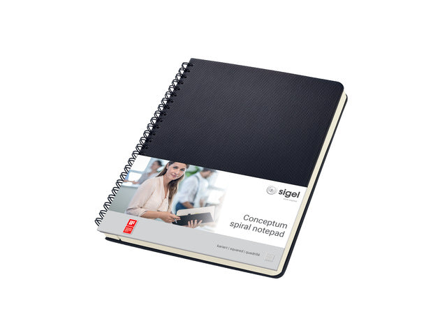 Notitieblok Conceptum A5 zwart 5mm ruit hardcover. 160 pagina's 80 grams chamoiskleurig papier. Ontmoet snelzak. 4-voudige perforatie, kopregel voor datum. PEFC-gecertificeerd