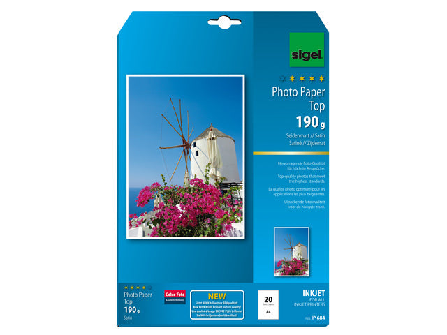 Inkjetpapier Sigel A4 190g Fotopapier zijdenmat pak a 20 blad
